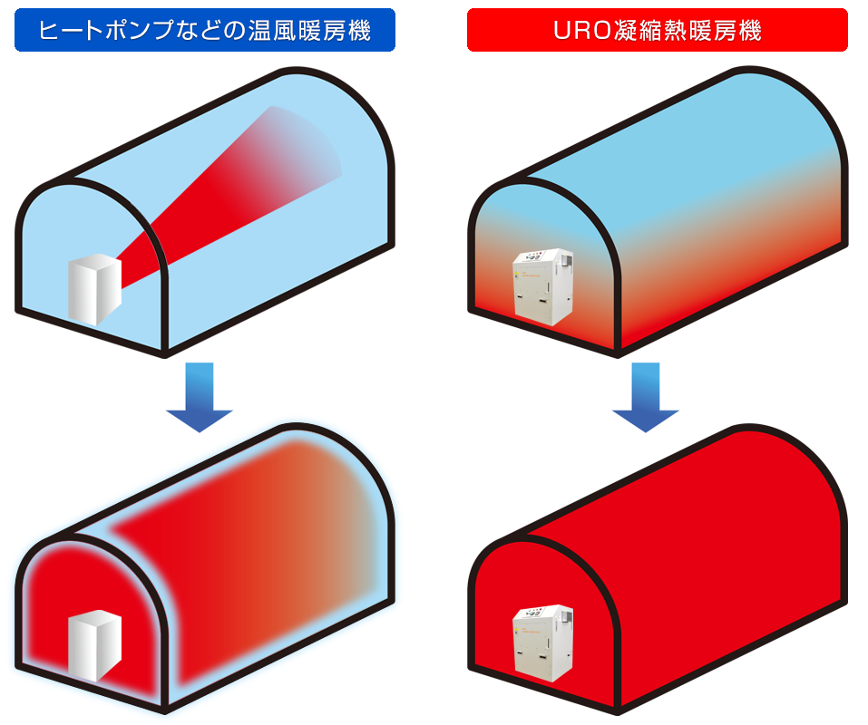 URO凝縮熱暖房機の過熱水蒸気は熱を遠くまで運び、ハウスをむらなく均一に温めます